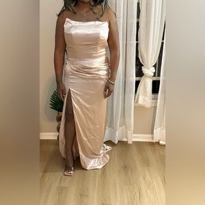 Elegant Satin Evening Gown with Slit and Corset Back